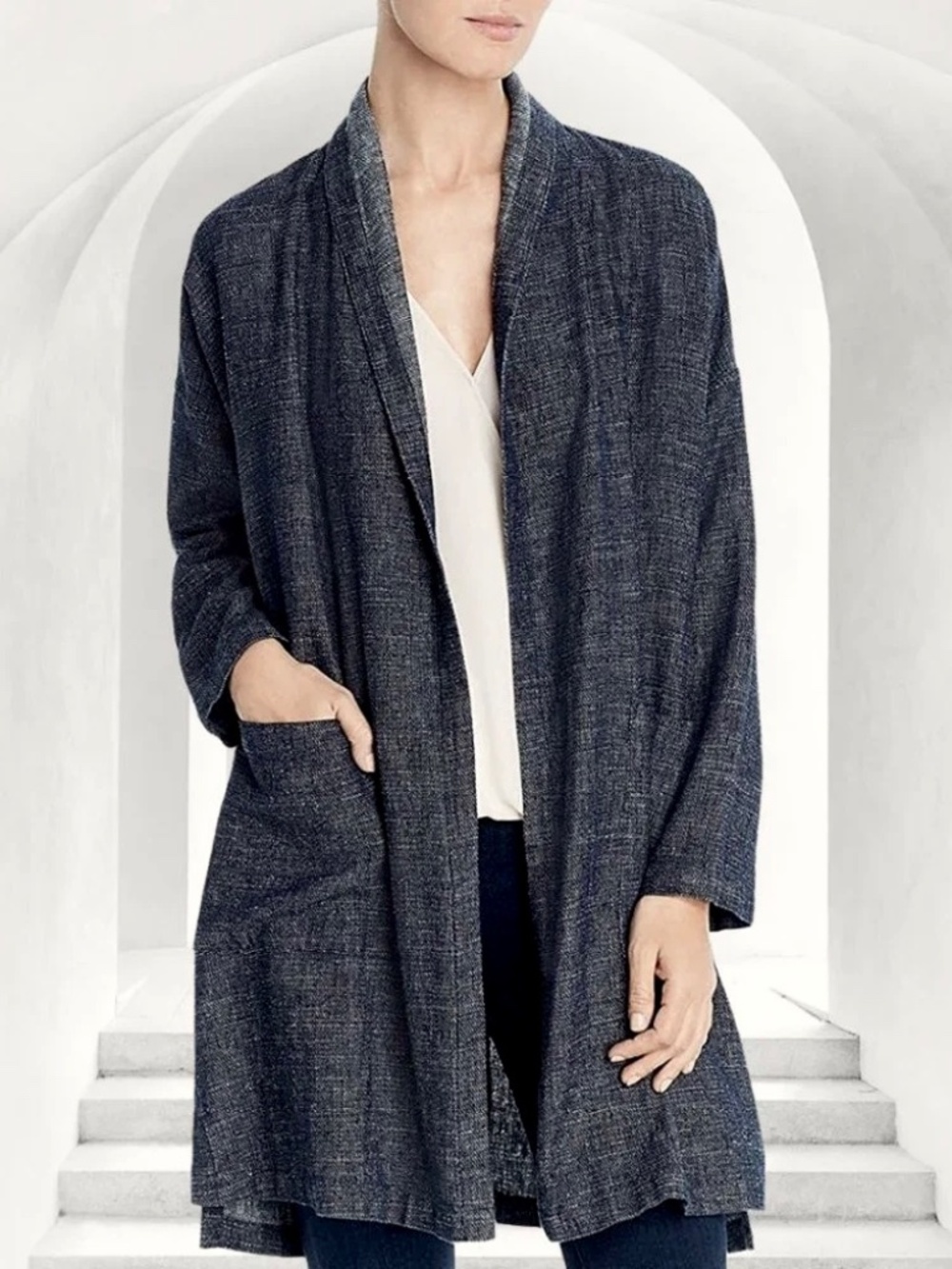 EILEEN FISHER Tweedy Hemp Kimono Open Coat in Charcoal - XS
